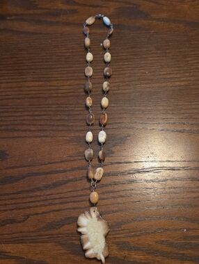 Natural Wood Bead Pendant Necklace in Brown and Cream